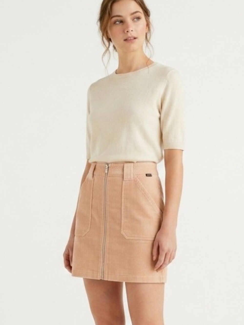 Corduroy Tan Zip-Front Mini Skirt With Pockets